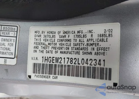 2002 Honda Civic Hx z USA, uszkodzony, nr VIN 1HGEM21782L042341